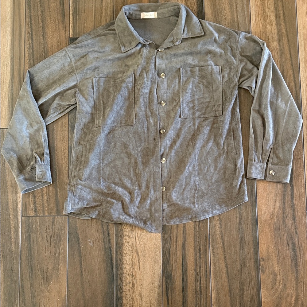 Gray Button-Up Suede Shirt Jacket- Casual Long Sleeve